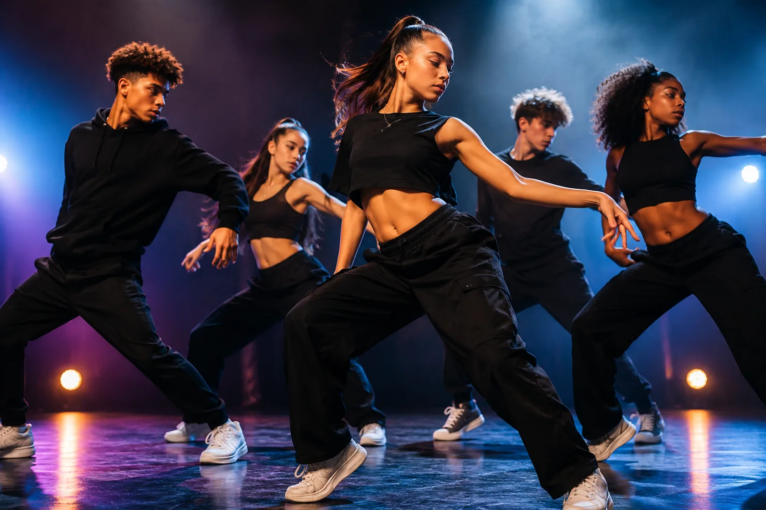 A group of JJDC dancers mid-movement in matching black streetwear under stage lighting